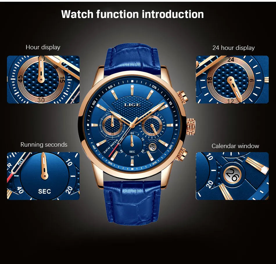 2024 LIGE Top Luxury Mens Watch Casual Business Quartz Watches Men Fashion Leather Wristwatch Waterproof Male Clock Reloj Hombre