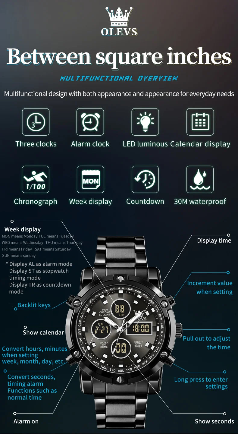 OLEVS 2024 New Mens Watches Top Brand Luxury Sport Digital Quartz Wristwatch For Men All Steel Military Waterproof Clock+Box