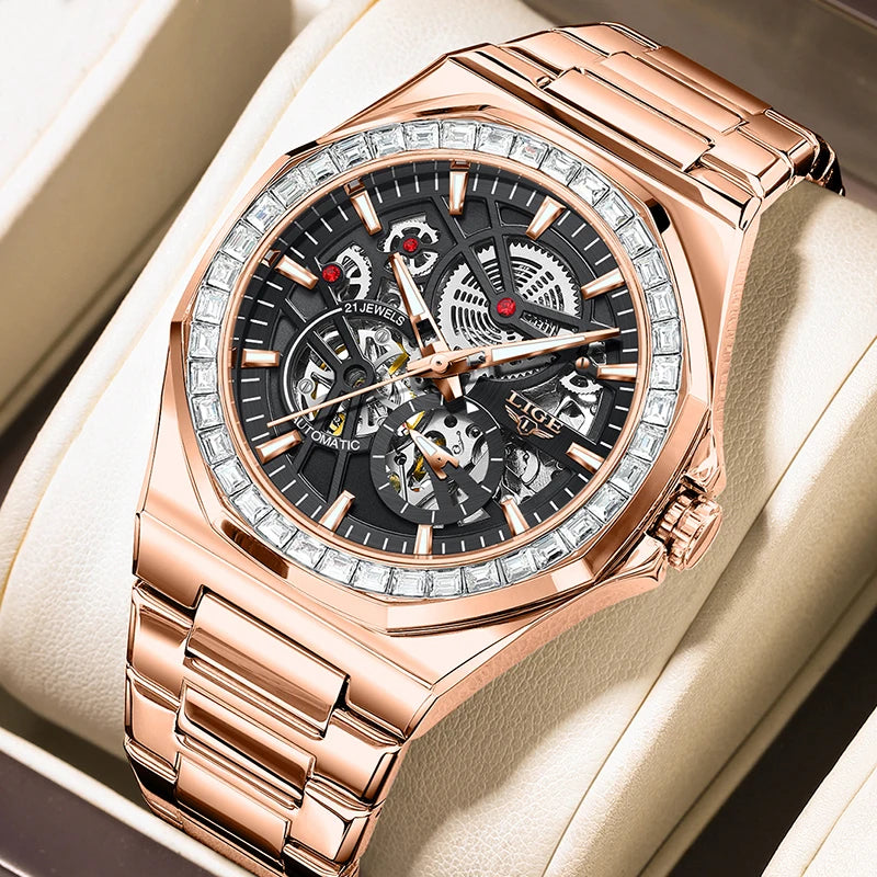 LIGE New Luxury Rose Gold Waterproof Watches For Men Casual Business Watch Men Luminous Automatic Men's Mechanical Wristwatch