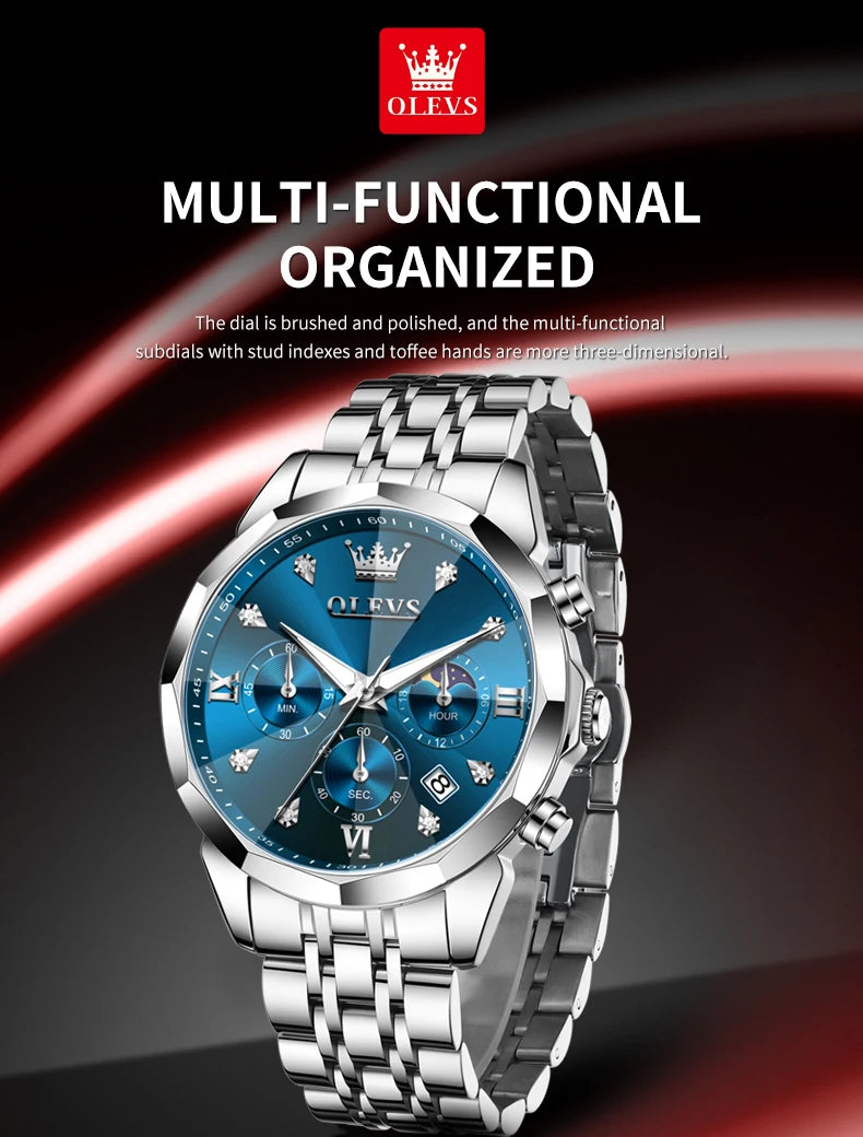 OLEVS 3670 Men's Watches Solid Steel Strap Rhombus Mirror 24Hour Moon Phase Waterproof Luminous Chronograph Quartz Watch for Men