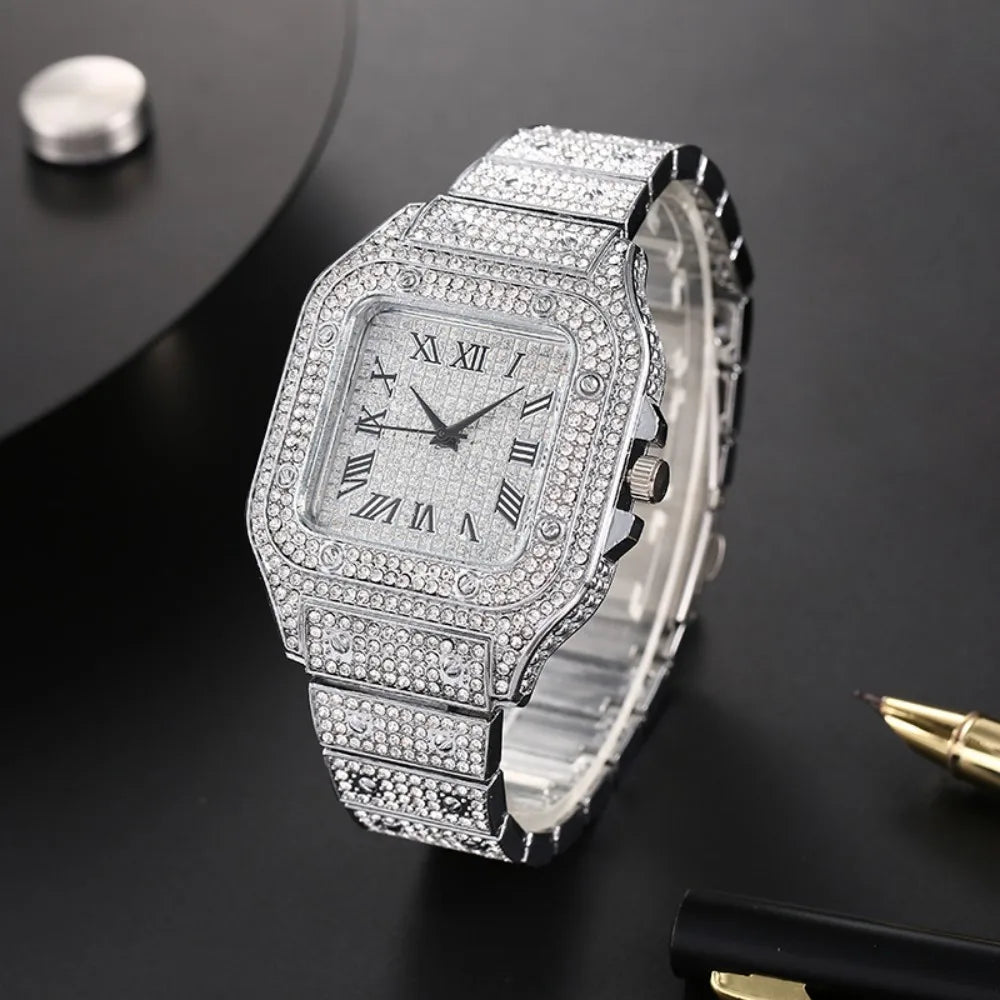 Classic Luxury Business Men's Steel Strap Square Roman Scale Rhinestone Quartz Watch Lesiure Male Wristwatch Relogio Masculino