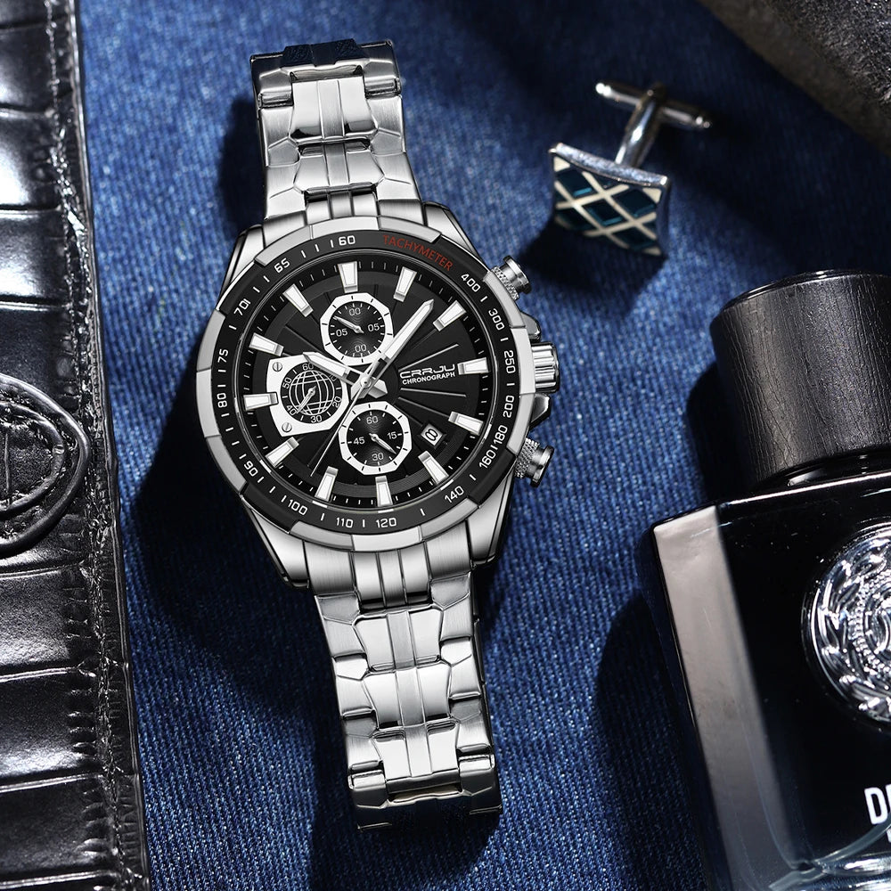 CRRJU Men's Watches Fashion Business Multifunction Quartz Chronograph with Auto Date and Luminous Hands Relogio Masculino