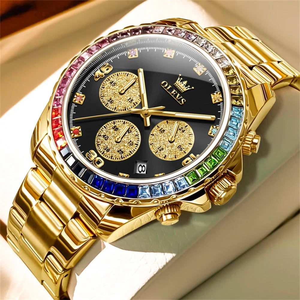 Watches For Men OLEVS Original Rainbow Gem Light Rose Gold Luxury Series Quartz Watch Waterproof Steel Strap Men's Watch New