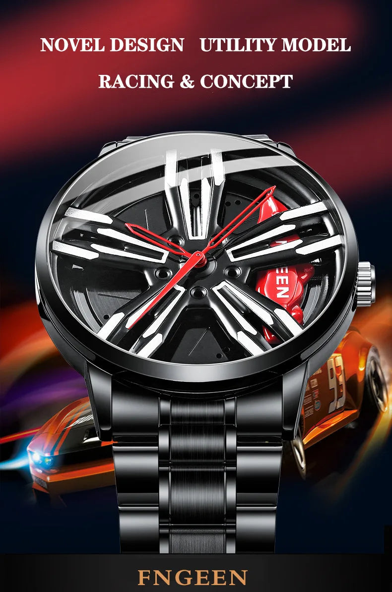 2025 New Racing Watches Men Custom Design Super Car Rim Watch Stainless Steel Black Retro Waterproof Watch Relogio Masculino