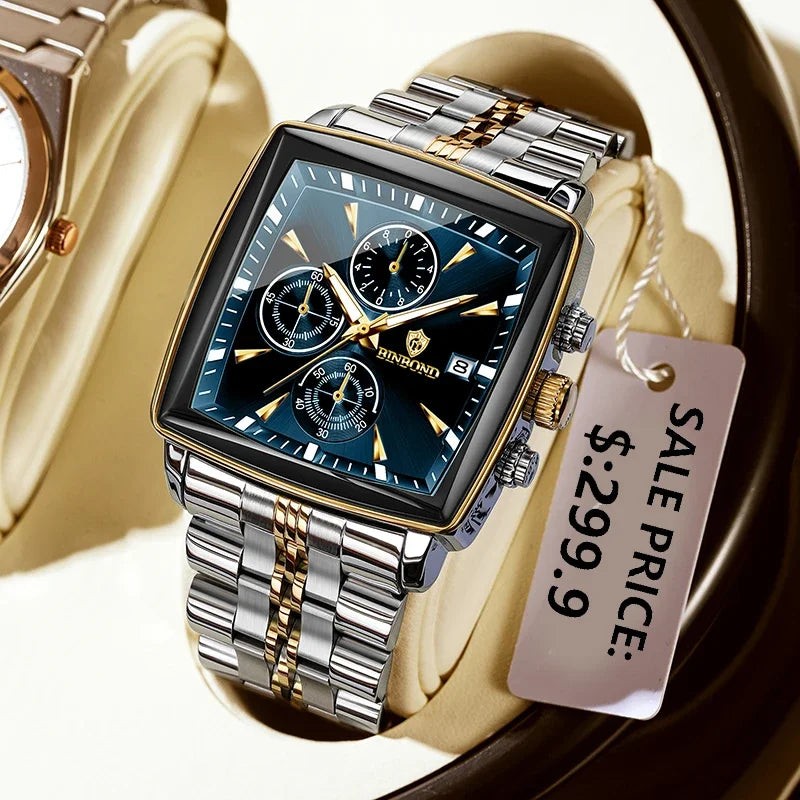 Luxury Square Sport Man Wristwatch Waterproof Luminous Chronograph Quartz Men's Watches Stainless Steel Men Watch Reloj