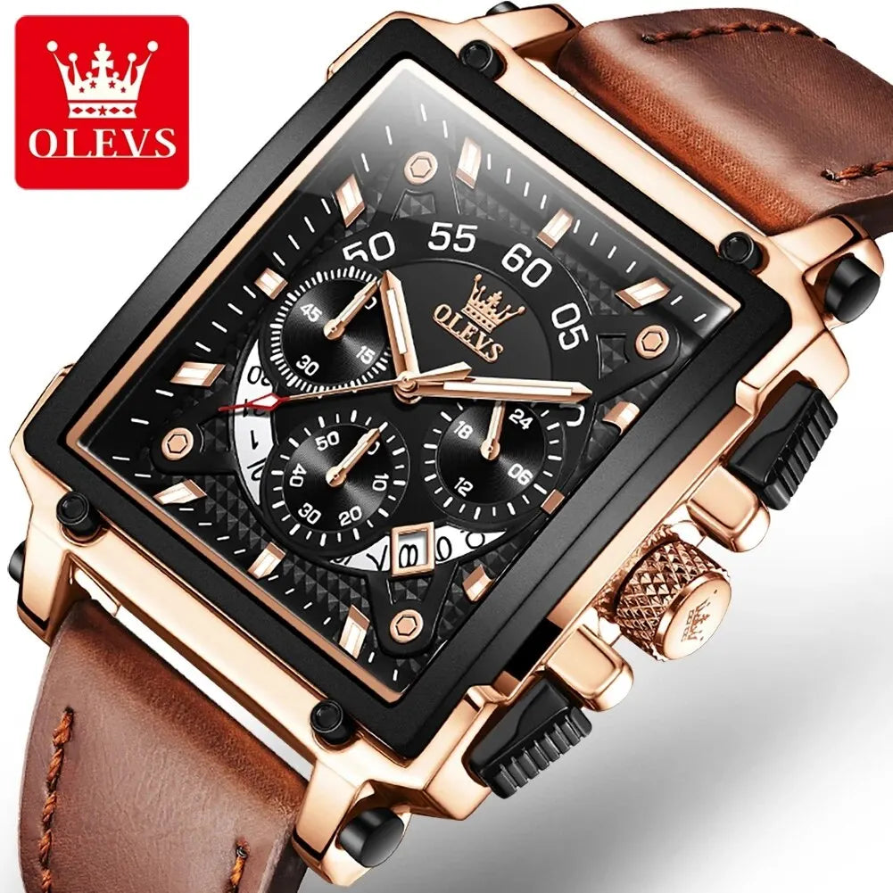 OLEVS 9919 Men Watch Fashion Square Dial Leather Strap Chronograph Waterproof Sports Clock Luxury Original Quartz Wristwatch Man