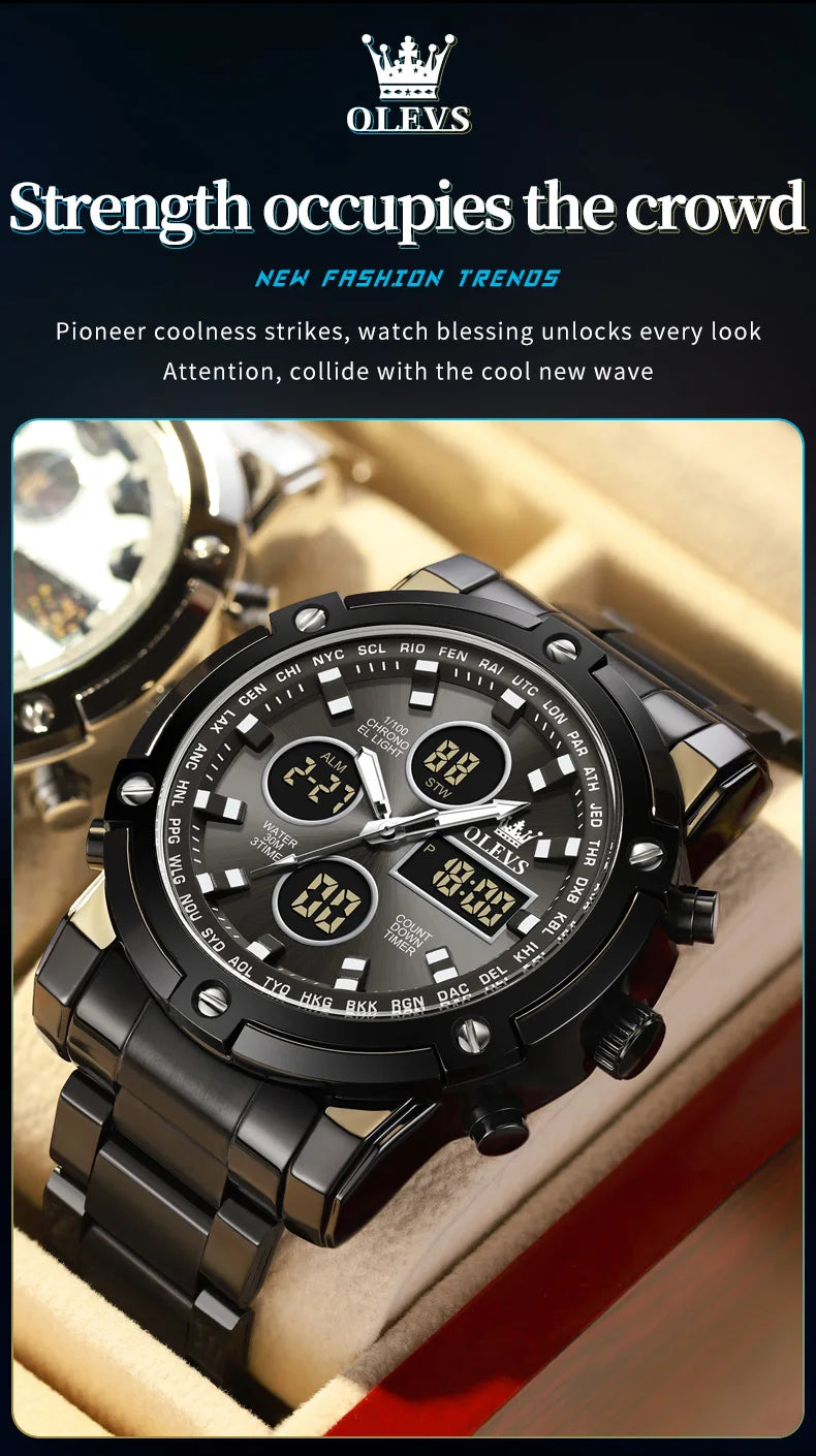 OLEVS 2024 New Mens Watches Top Brand Luxury Sport Digital Quartz Wristwatch For Men All Steel Military Waterproof Clock+Box