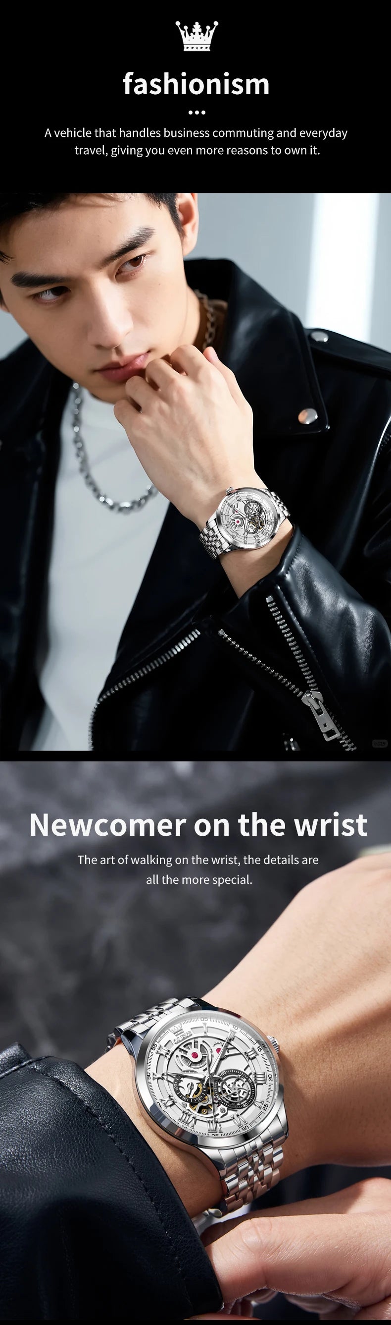 OLEVS 7076 Mechanical Watch for Men Waterproof Skeleton Chronograph Sports Fashion Wristwatch Man Hand Clock