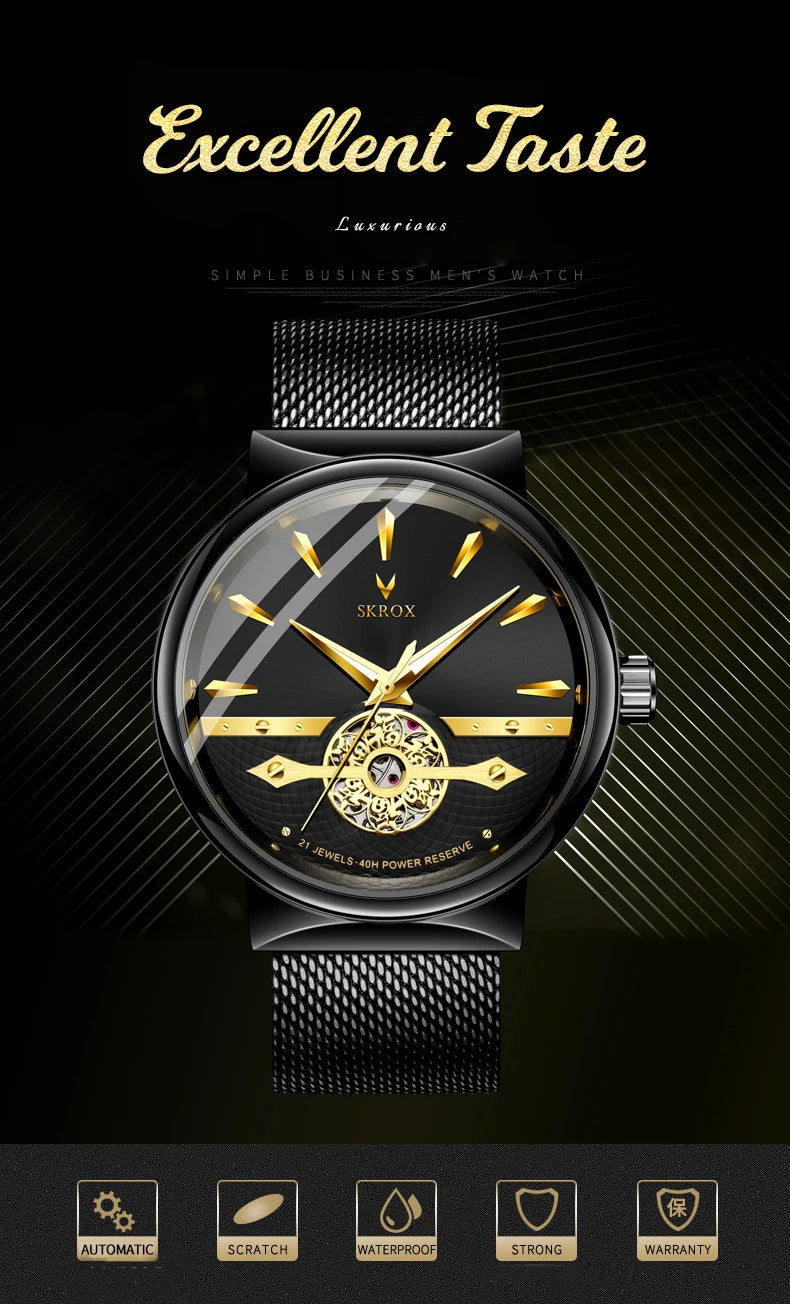 2025 SKROX Original High-End Luxury Elegant Automatic Movement Clockwork Thin Man Watch Mechanical Waterproof Male Wrist Watches