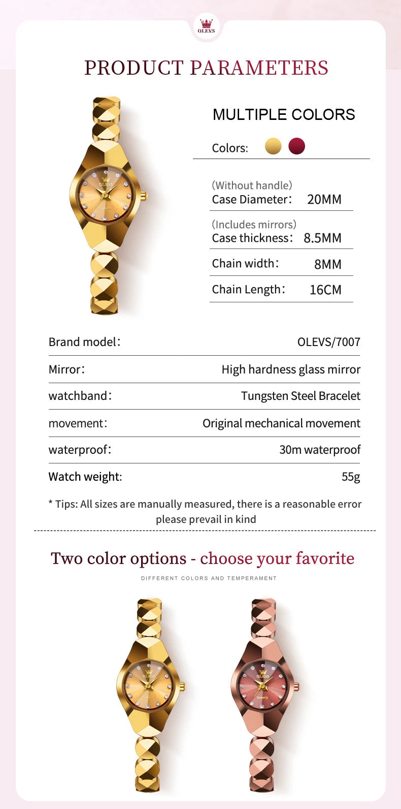 OLEVS 7007 Ladies Watches Original Quartz Wristwatch Rhombus Mirror Diamond Scale Tungsten Steel Watch for Women Bracelet Set