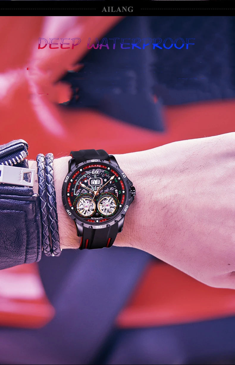 Luxury Sports Double Tourbillon Watches for Men Fashion Calendar Mechanical Watch Waterproof Luminous Clock Mens