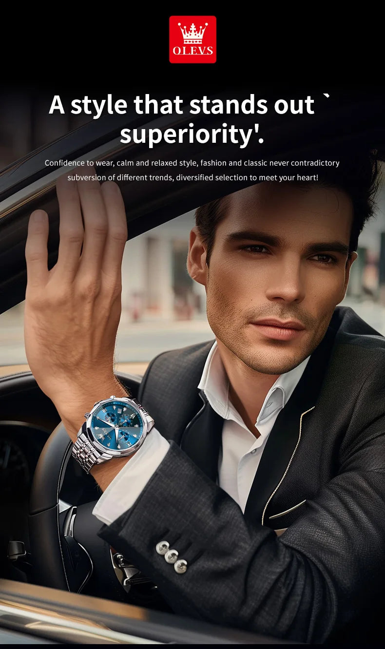 OLEVS 3670 Men's Watches Solid Steel Strap Rhombus Mirror 24Hour Moon Phase Waterproof Luminous Chronograph Quartz Watch for Men