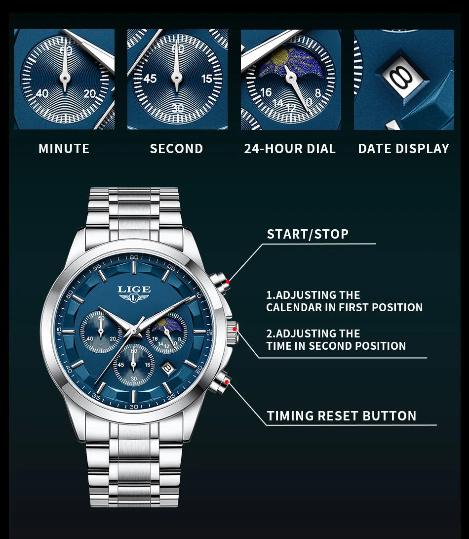 LIGE 2025 New Luxury Mens Watch Fashion Business Quartz Wristwatches Sports Waterproof Luminous Steel Watches Men Reloj Hombre