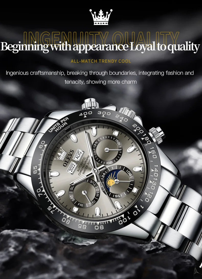 OLEVS 6654 Luxury Mens Watch Chronograph Automatic Mechanical Wristwatch Waterproof Luminous Top Brand Watch for Man Date Sport