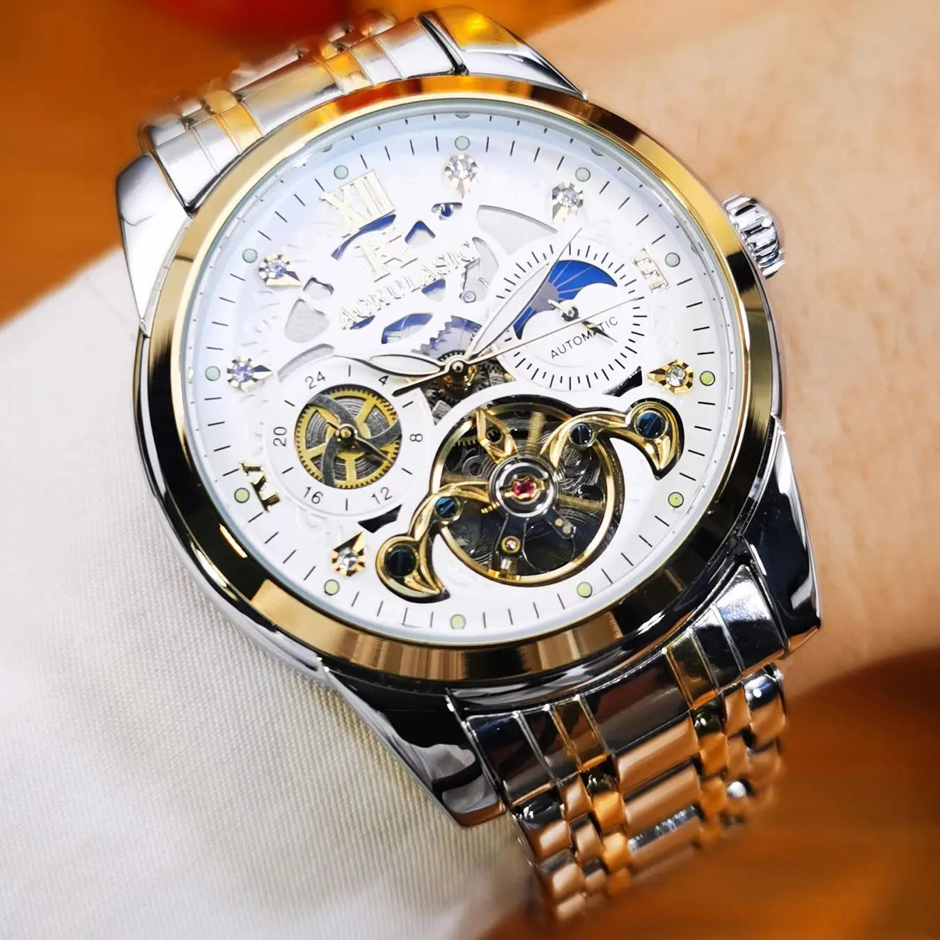 AOKULASIC Retro Tourbillon Mechanical Watch for Men Luminous Hands Business Automatic Mens Watches Top Brand Luxury Steel Strap