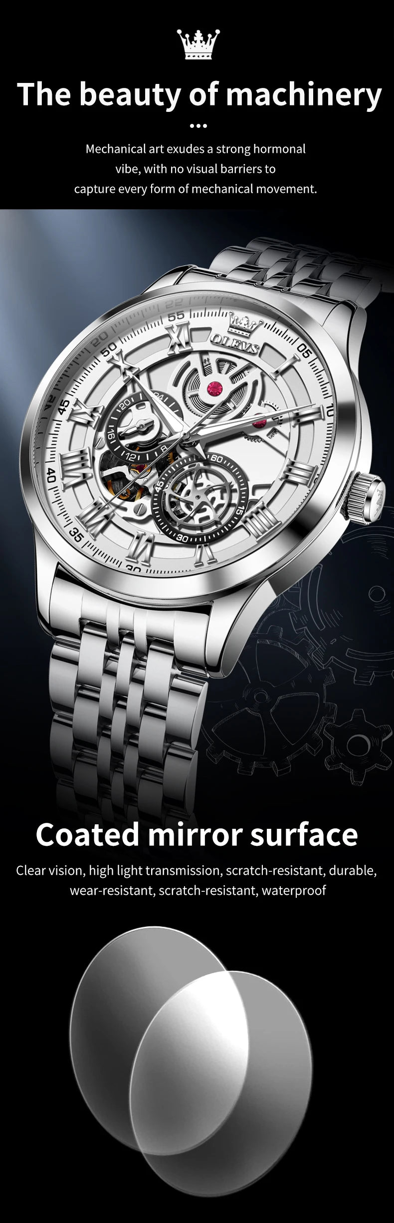 OLEVS 7076 Mechanical Watch for Men Waterproof Skeleton Chronograph Sports Fashion Wristwatch Man Hand Clock