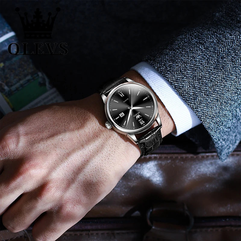 OLEVS Luxury Business Quartz Watches for Men Leather Strap Original Casual Waterproof Man Watch High Quality Men's Wrist Watches
