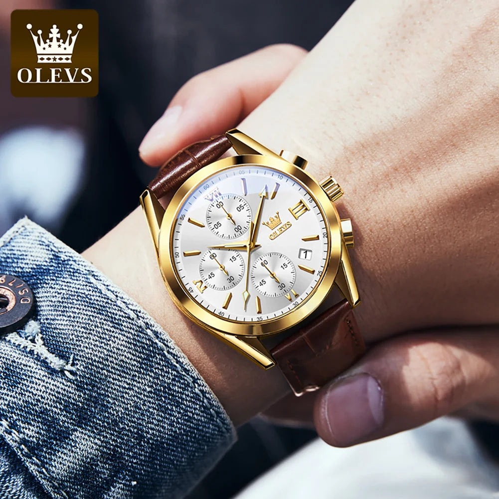OLEVS 2872 Chronograph Men's Wristwatches Leather Strap Waterproof Luminous Original Quartz Watch for Men Luxury Sport Man Watch