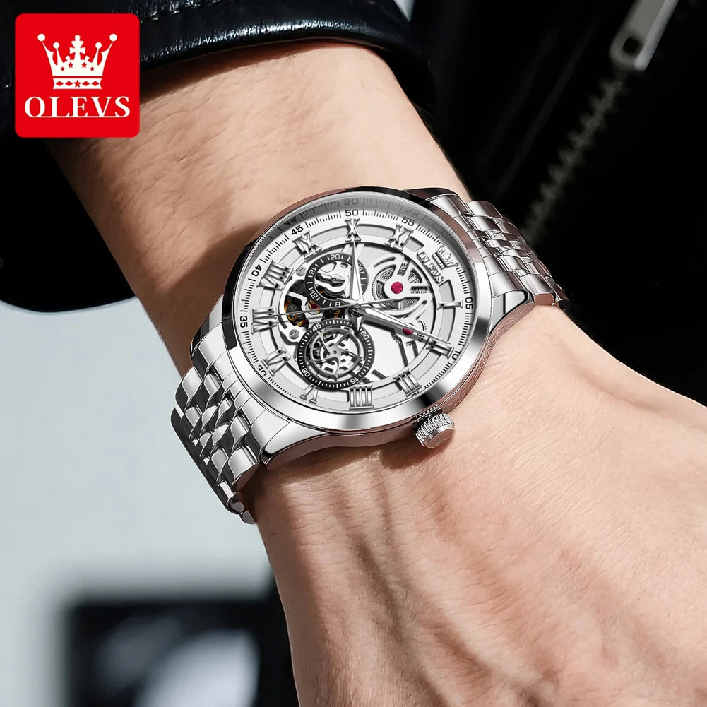 OLEVS 7076 Mechanical Watch for Men Waterproof Skeleton Chronograph Sports Fashion Wristwatch Man Hand Clock