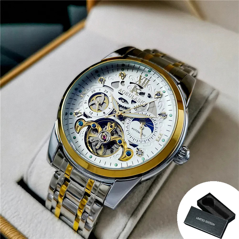 AOKULASIC Retro Tourbillon Mechanical Watch for Men Luminous Hands Business Automatic Mens Watches Top Brand Luxury Steel Strap