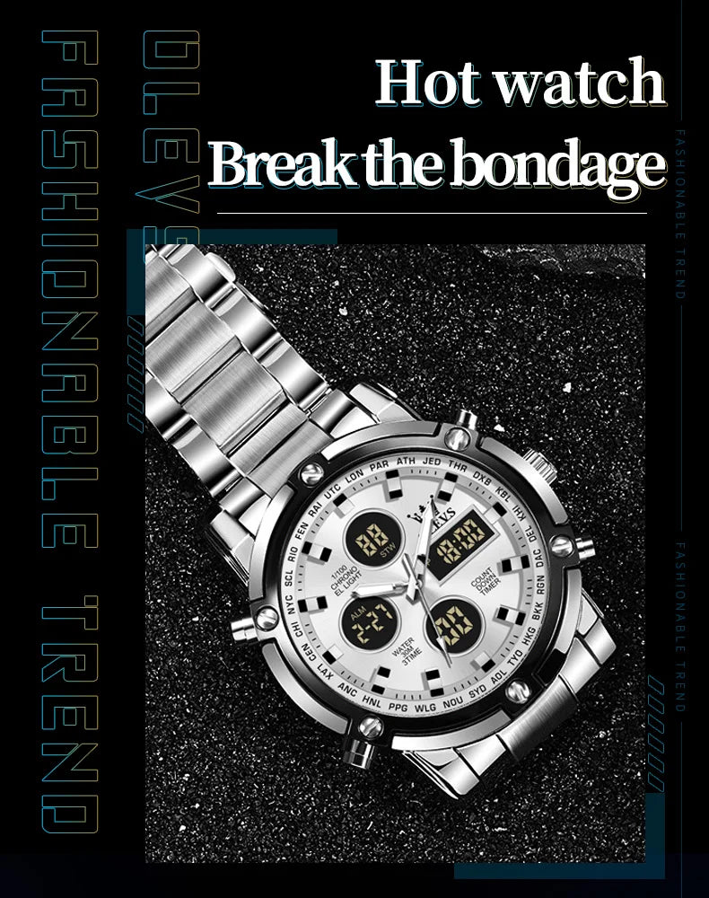 OLEVS 2024 New Mens Watches Top Brand Luxury Sport Digital Quartz Wristwatch For Men All Steel Military Waterproof Clock+Box