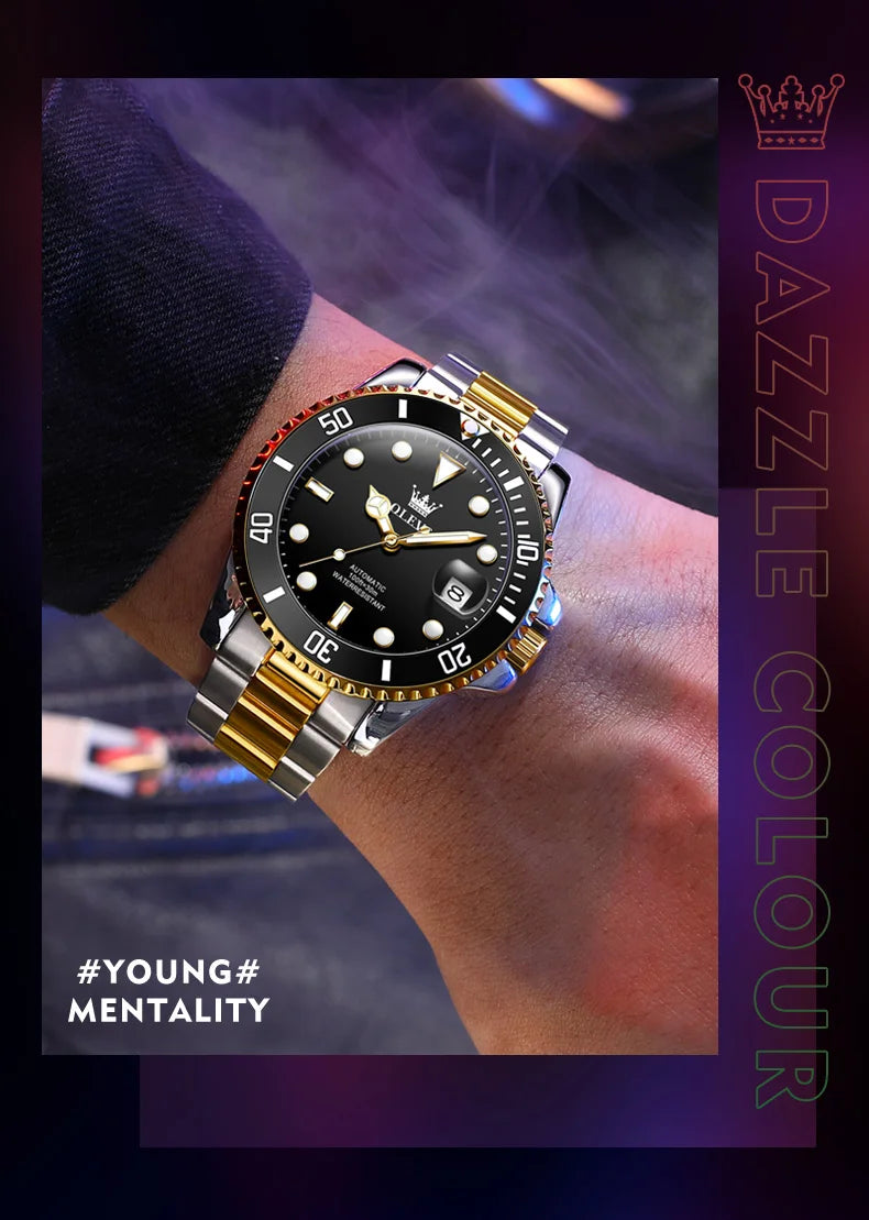 OLEVS 6650 Luxury Automatic Watch Men Rotary Lap Mechanical Movement Waterproof Sports Top Brand Stainless Steel Wristwatch