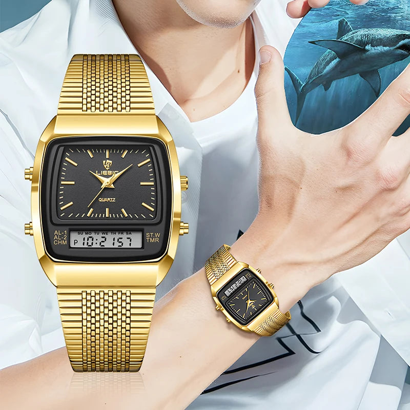 New Fashion Casual Watch Men Digital Dual Time Week Gold Sport 3bar Waterproof Quartz Wristwatches Clock relogio masculino L1030