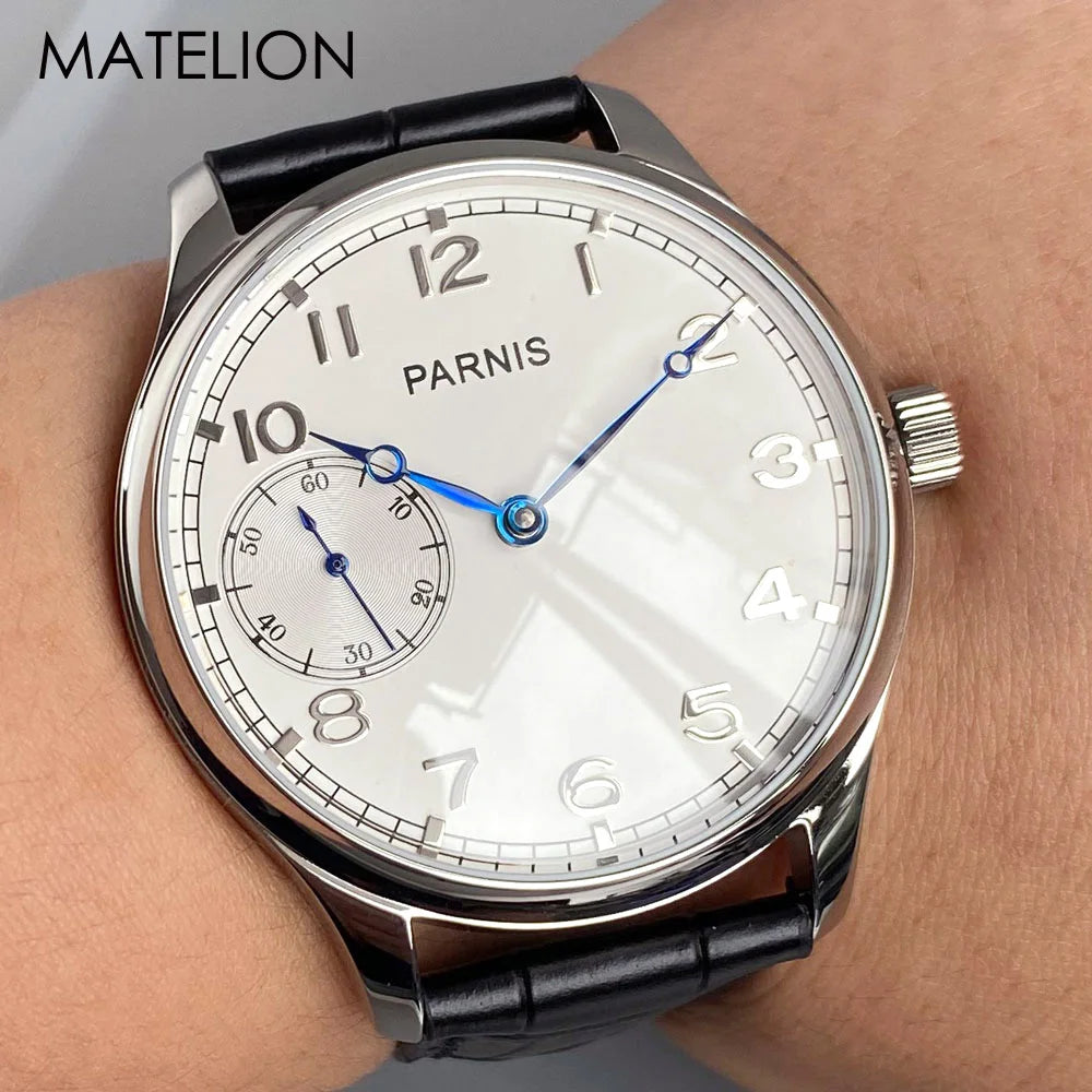 Retro Watch for Men Asia 6497 Hand Winding Movement Black White Mechanical Manual Winding Mineral Crystal 44mm Transparent Back