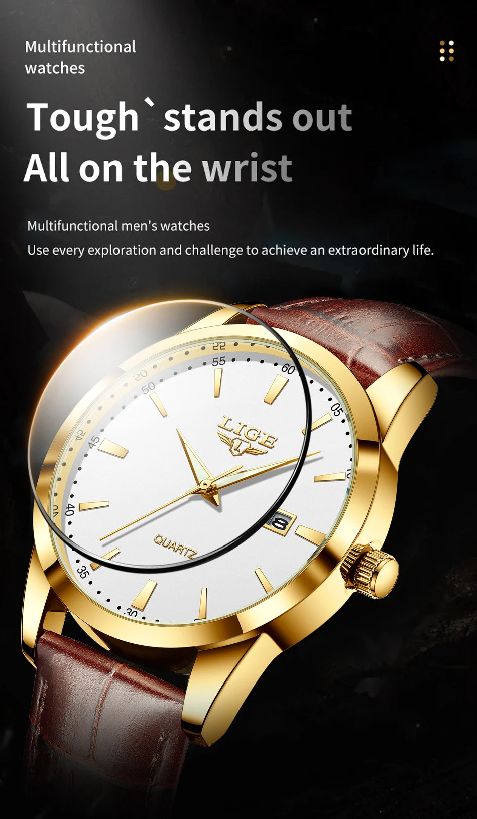 LIGE Fashion Brown Leather Watch Men Military Sports Men's Quartz Wristwatches Casual Waterproof Chronograph Relogios Masculino