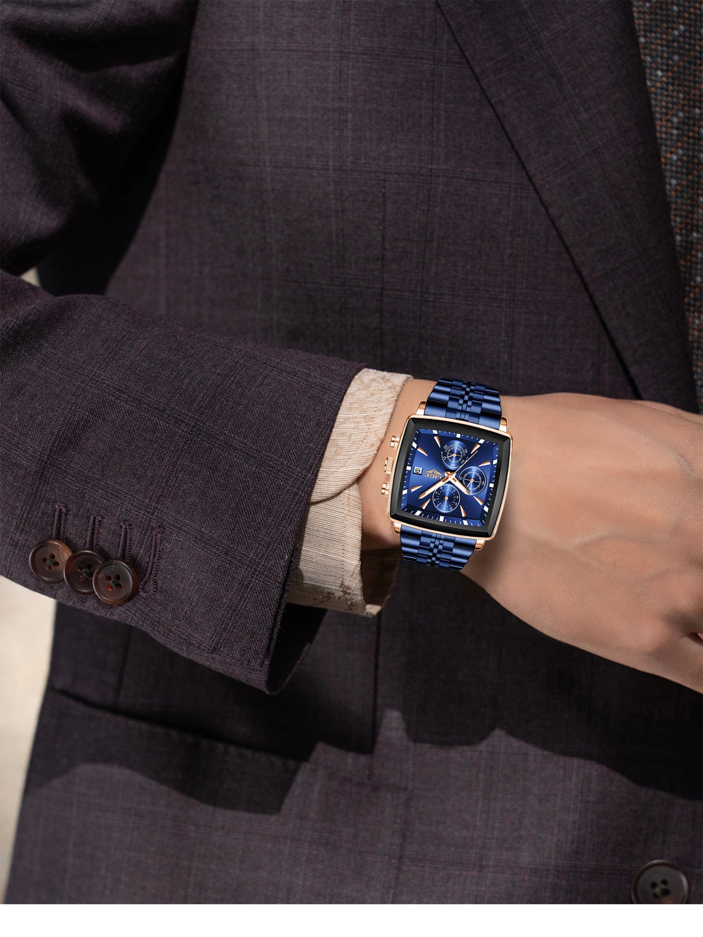 LIGE Fashion Luxury  Watches for Men Square Dial Stainless Steel Waterproof Luminous Auto Date Chronograph Quartz Man Watch+Box