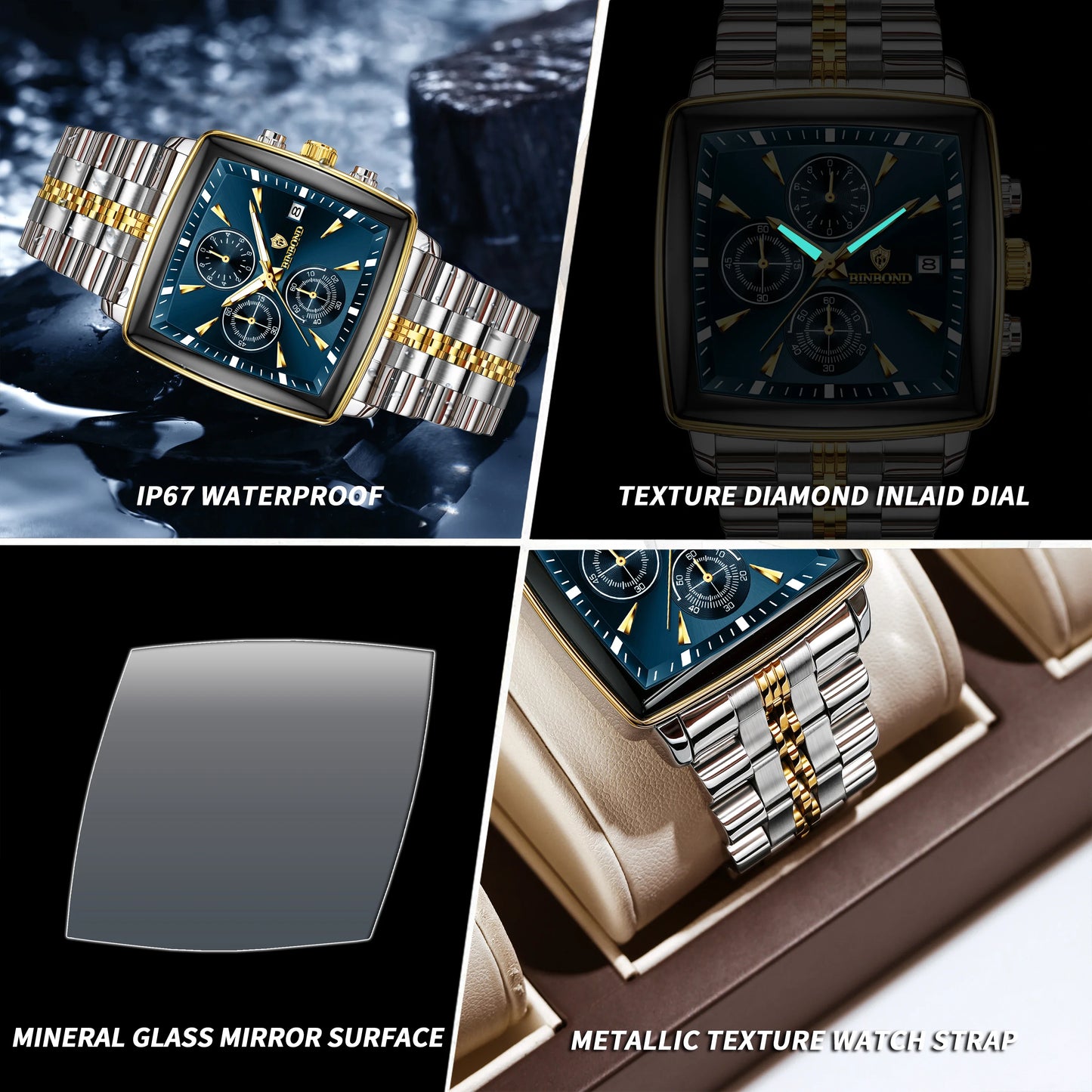 Luxury Square Sport Man Wristwatch Waterproof Luminous Chronograph Quartz Men's Watches Stainless Steel Men Watch Reloj