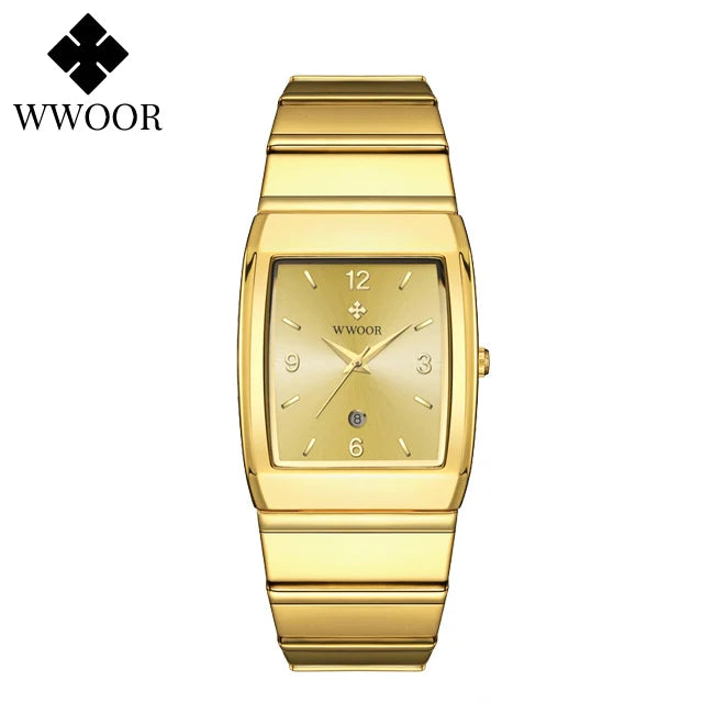 Relogio Masculino WWOOR New Man's Square Watch For Men with Automatic Date Luxury Stainless Steel Gold Mens Quartz Wrist Watches