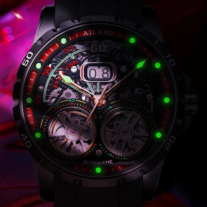 Luxury Sports Double Tourbillon Watches for Men Fashion Calendar Mechanical Watch Waterproof Luminous Clock Mens