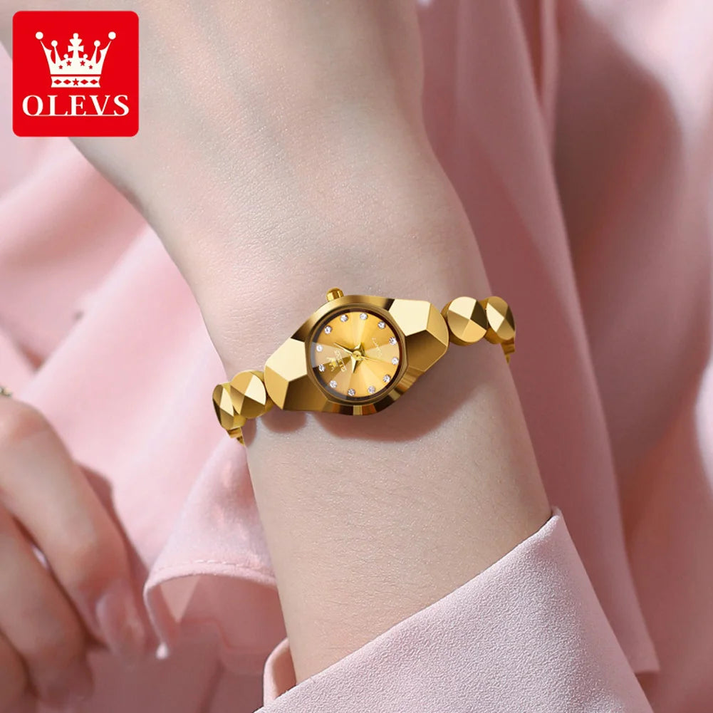 OLEVS 7007 Ladies Watches Original Quartz Wristwatch Rhombus Mirror Diamond Scale Tungsten Steel Watch for Women Bracelet Set