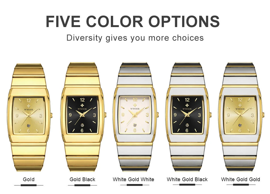 Relogio Masculino WWOOR New Man's Square Watch For Men with Automatic Date Luxury Stainless Steel Gold Mens Quartz Wrist Watches
