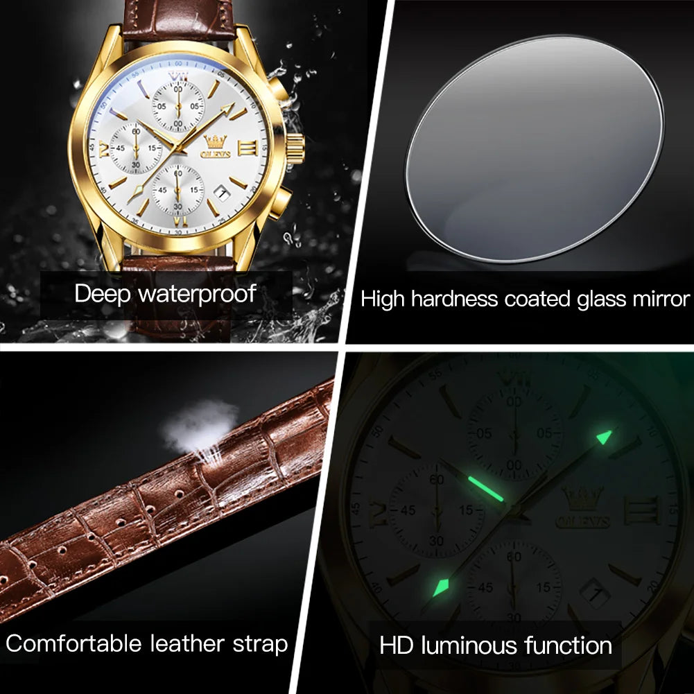 OLEVS 2872 Chronograph Men's Wristwatches Leather Strap Waterproof Luminous Original Quartz Watch for Men Luxury Sport Man Watch