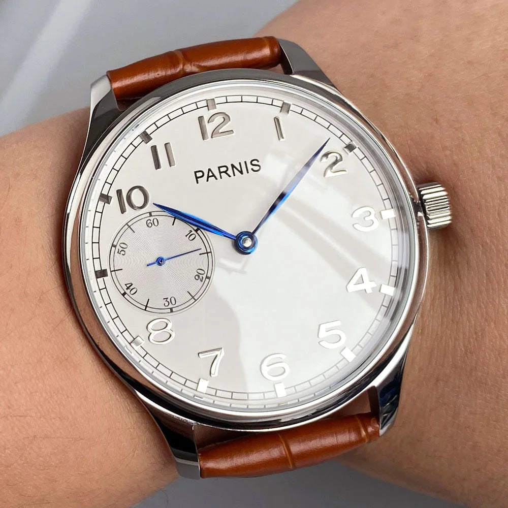 Retro Watch for Men Asia 6497 Hand Winding Movement Black White Mechanical Manual Winding Mineral Crystal 44mm Transparent Back