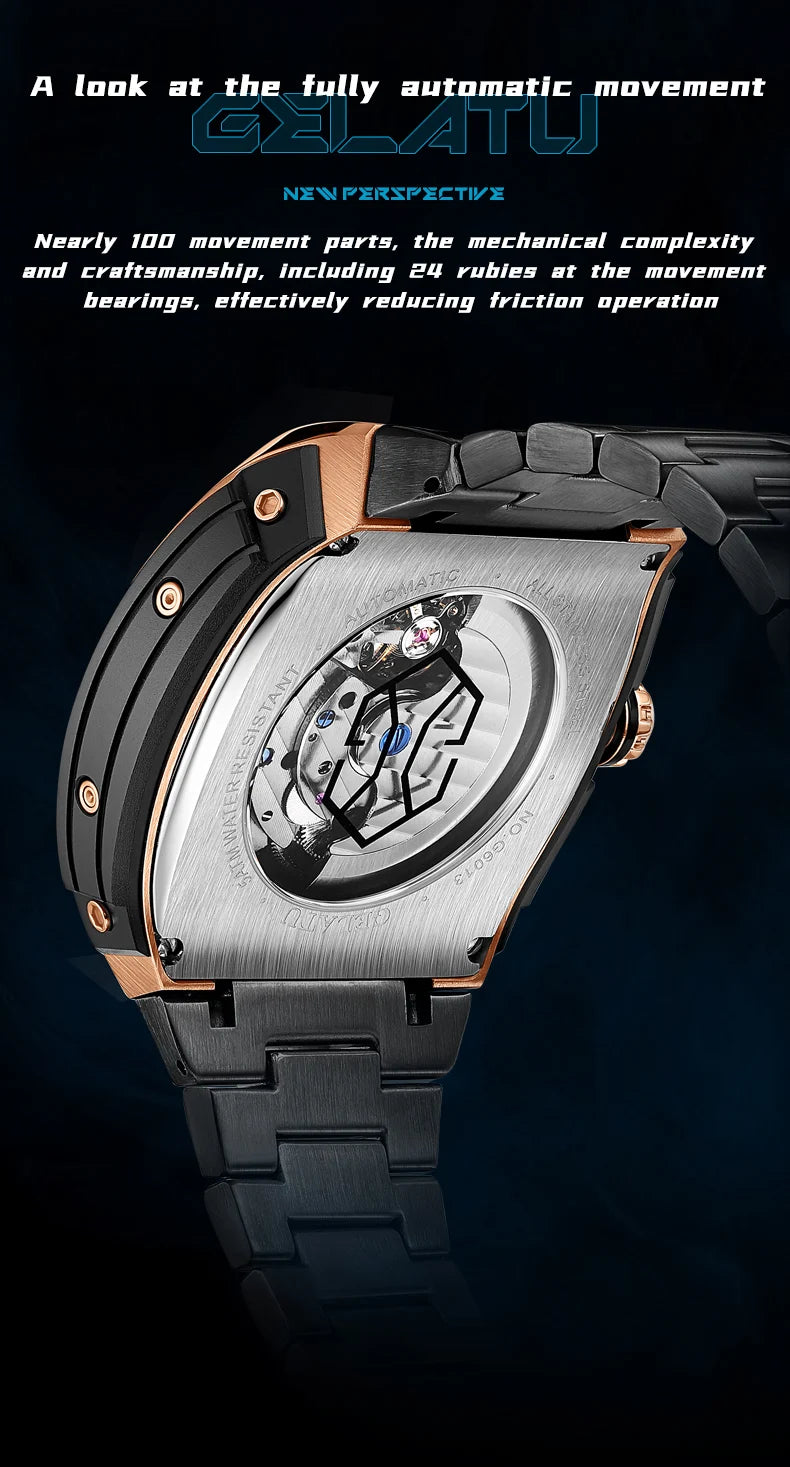 Reloj Hombre Watches Mens GELATU Top Brand Luxury Rose Black Skeleton Tourbillon Automatic Mechanical Watch for Men Waterproof