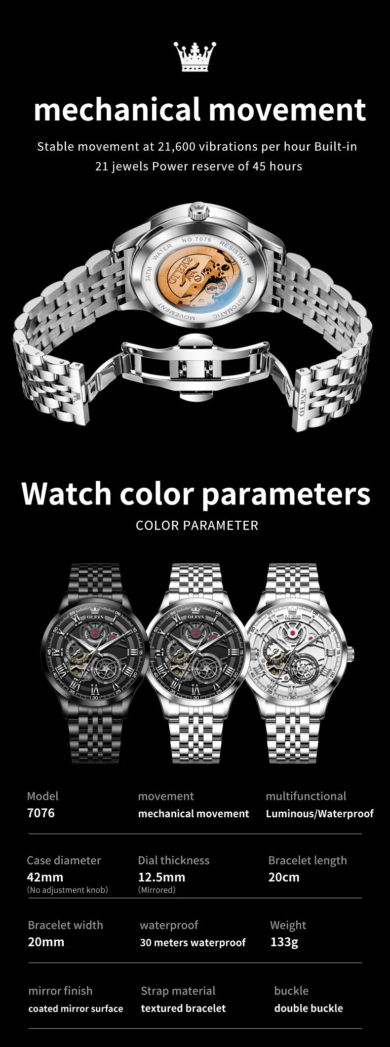 OLEVS 7076 Mechanical Watch for Men Waterproof Skeleton Chronograph Sports Fashion Wristwatch Man Hand Clock