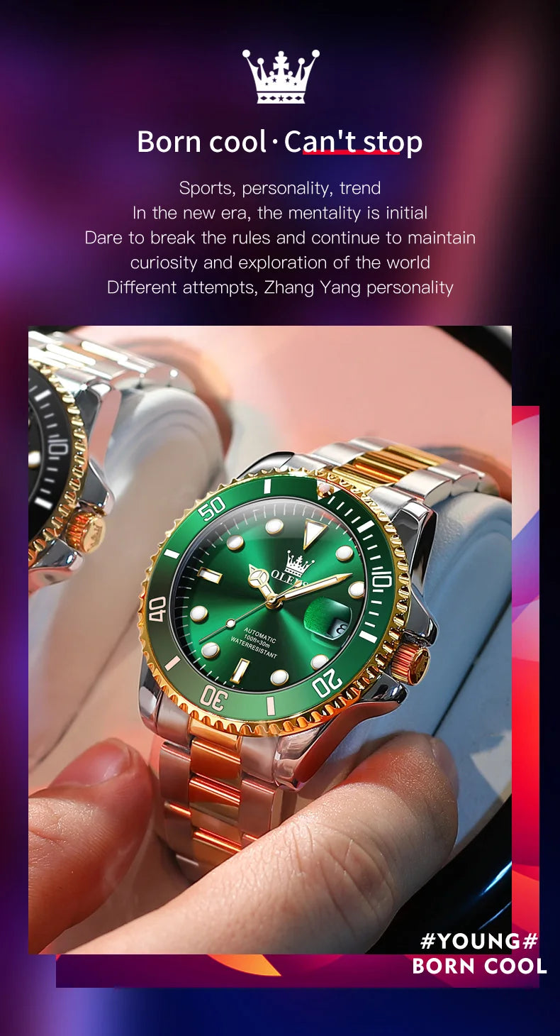 OLEVS 6650 Luxury Automatic Watch Men Rotary Lap Mechanical Movement Waterproof Sports Top Brand Stainless Steel Wristwatch