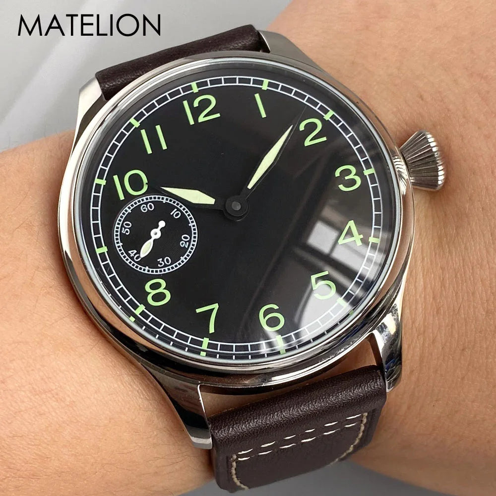 Retro Watch for Men Asia 6497 Hand Winding Movement Black White Mechanical Manual Winding Mineral Crystal 44mm Transparent Back