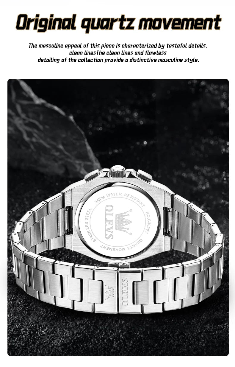 OLEVS 3626 Men's Watches Rhombus Dial Original Quartz Watch for Man Waterproof Luminous Stainless Steel Wristwatch Male Date