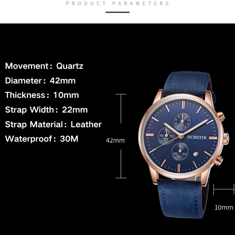 Quartz Watch for Man Multifunctional Chronography Series with 42mm Dial and 10mm Thickness Leather Strap Waterproof 3ATM
