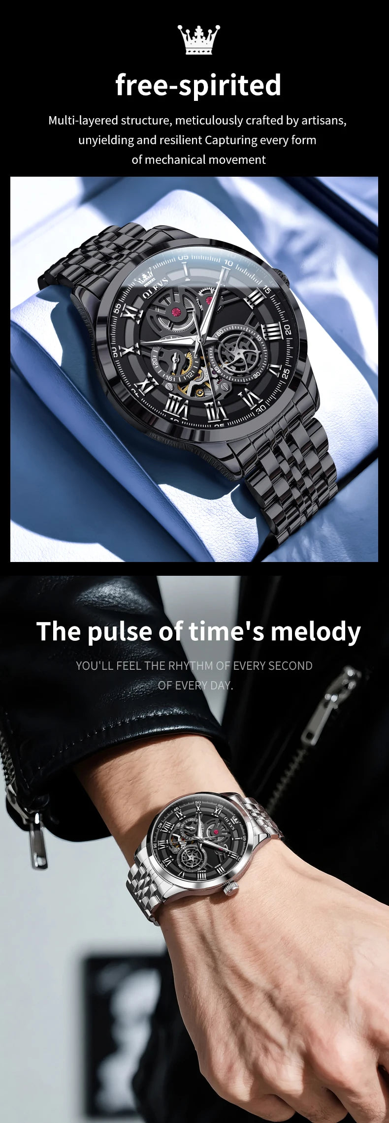 OLEVS 7076 Mechanical Watch for Men Waterproof Skeleton Chronograph Sports Fashion Wristwatch Man Hand Clock