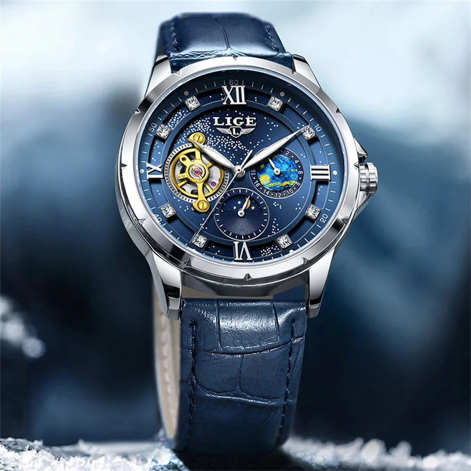 LIGE Top Luxury Mechanical Watches Men Fashion Diamonds Automatic Mens Watch 30M Waterproof Luminous Wristwatch Male Reloj 2026