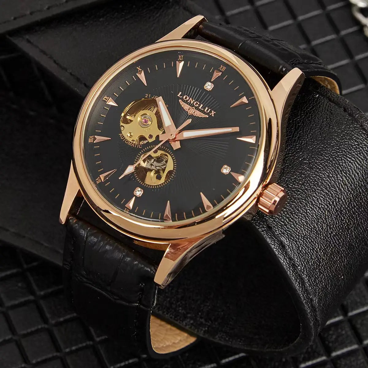 Automatic watch elegant skeleton waterproof mechanical watches leather simple rome mens watch men gift