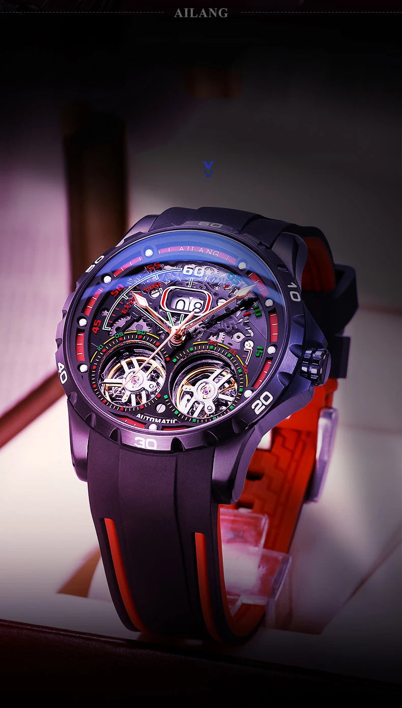 Luxury Sports Double Tourbillon Watches for Men Fashion Calendar Mechanical Watch Waterproof Luminous Clock Mens