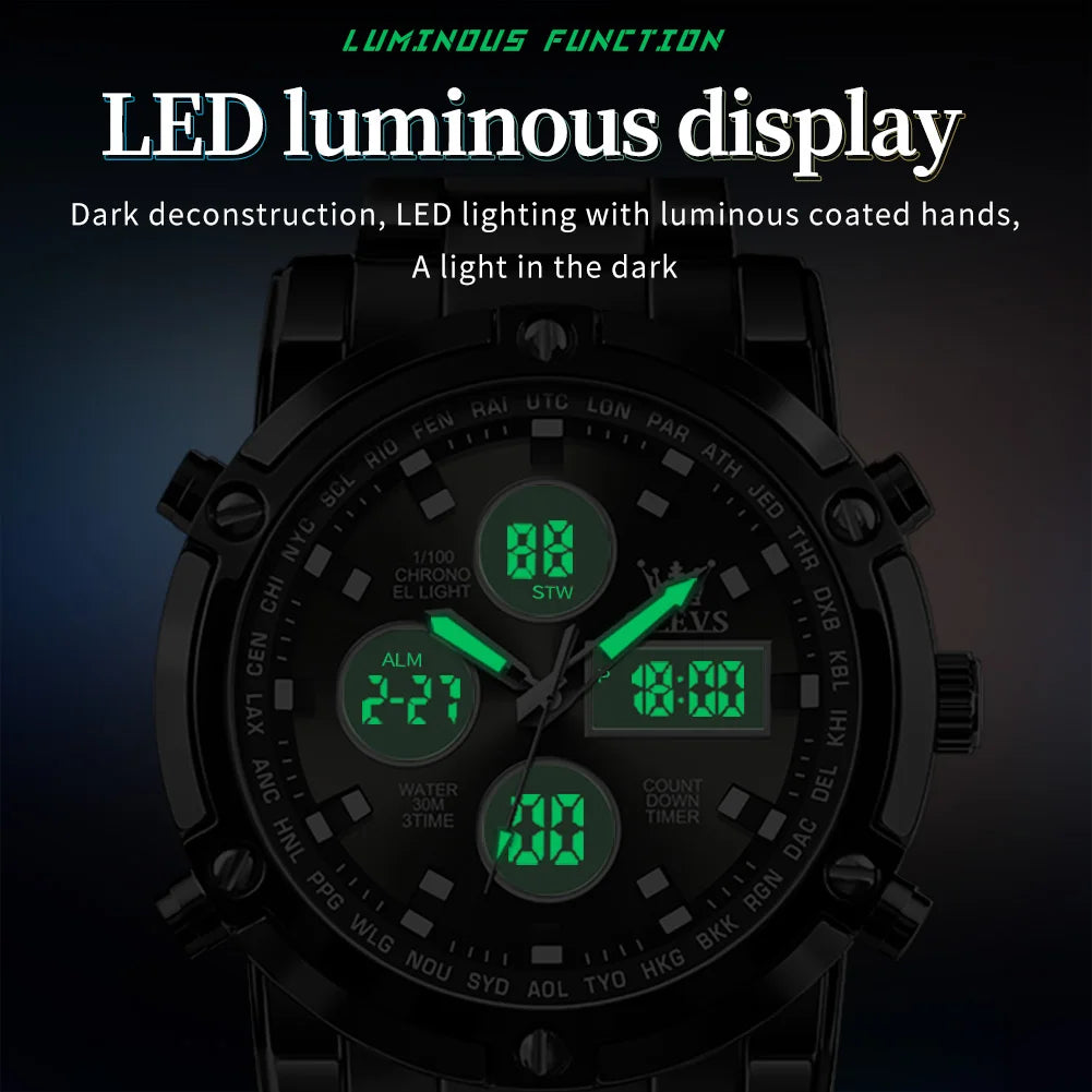 OLEVS 2024 New Mens Watches Top Brand Luxury Sport Digital Quartz Wristwatch For Men All Steel Military Waterproof Clock+Box