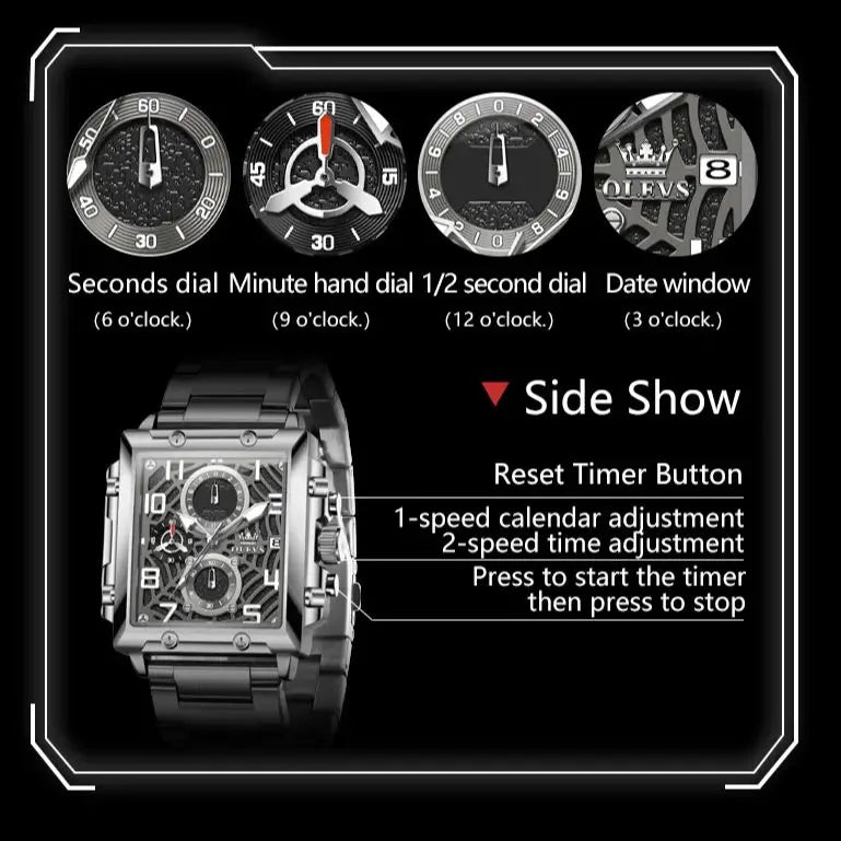 OLEVS 2958 Men Watch Fashion Business Square Quartz Watch Luxury Brand Waterproof Chronograph Formal Sports Men Watch Box Reloj