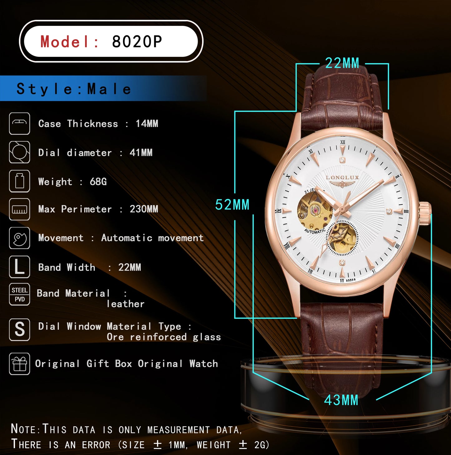 Automatic watch elegant skeleton waterproof mechanical watches leather simple rome mens watch men gift